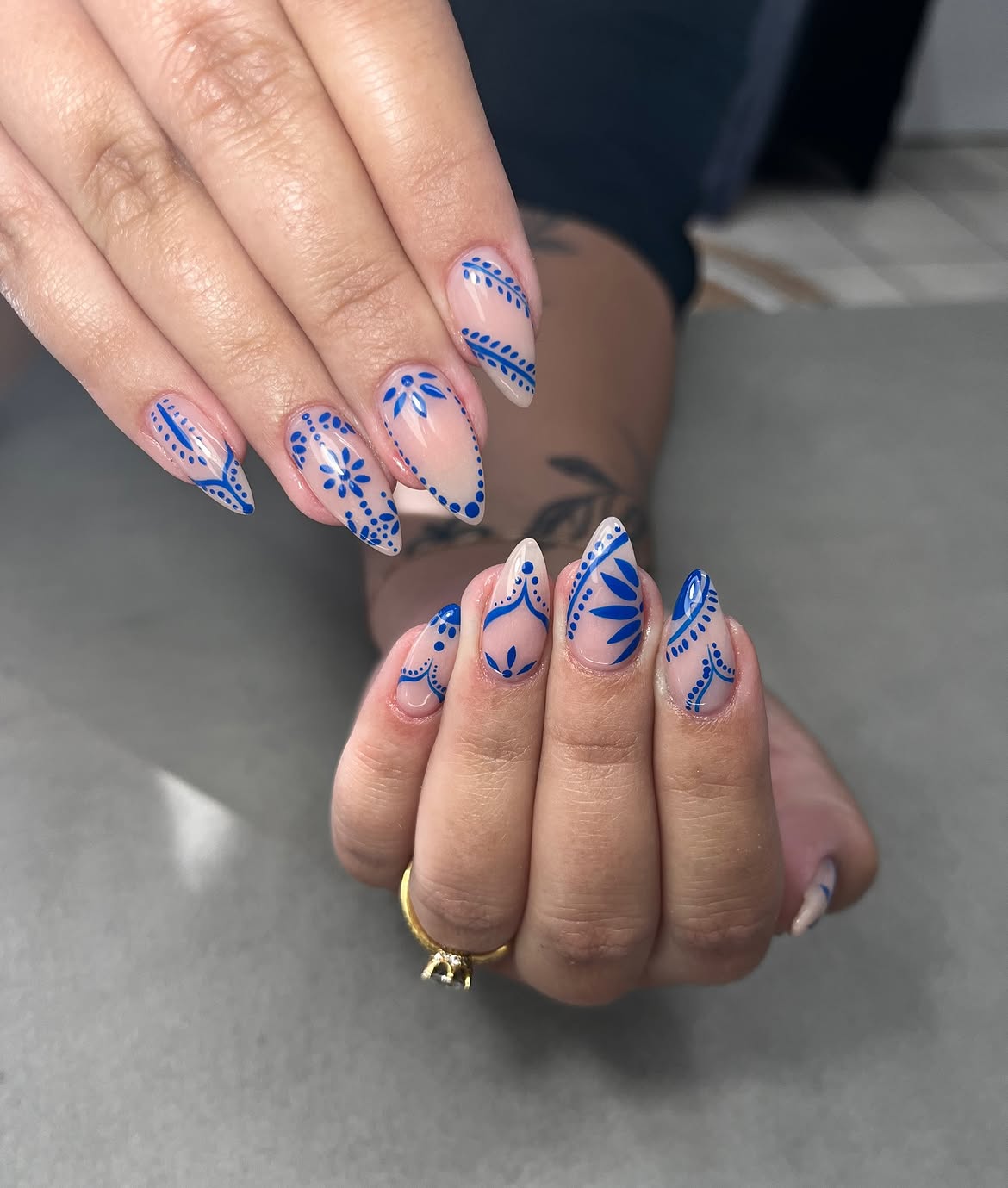 Boho Blue Floral Almond Nails