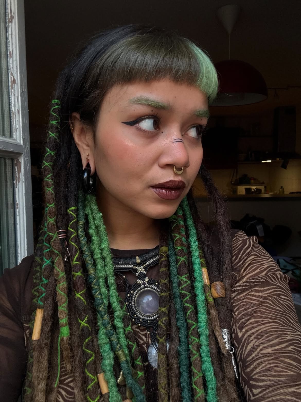 Boho Emerald Green Dreads With Bangs