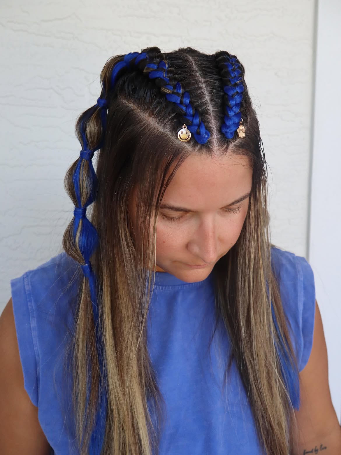Bold Blue Braids With Bubble Ponytail Accent