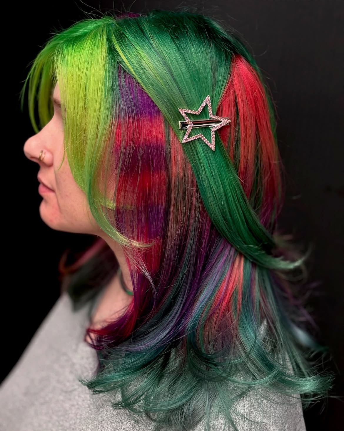 Bold Emerald Green & Magenta Multi-Tone Hair