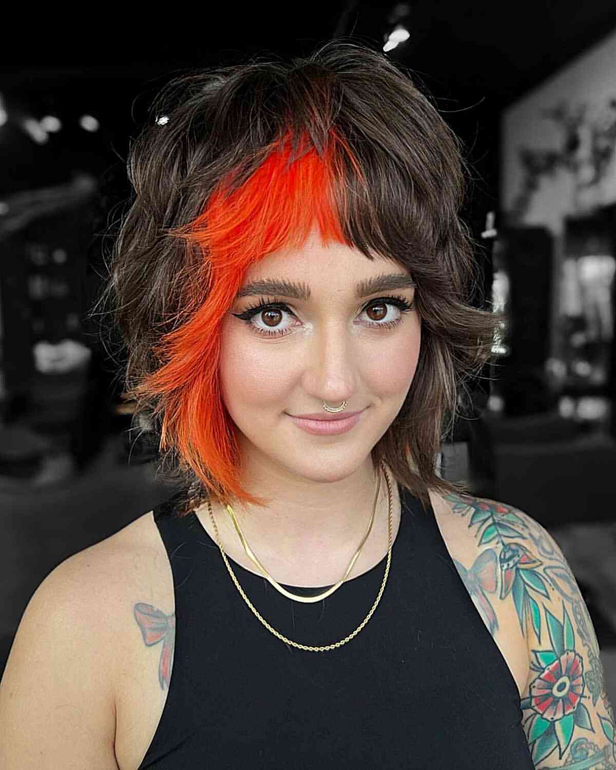 Bold Orange Skunk Stripe Shag With Wispy Bangs