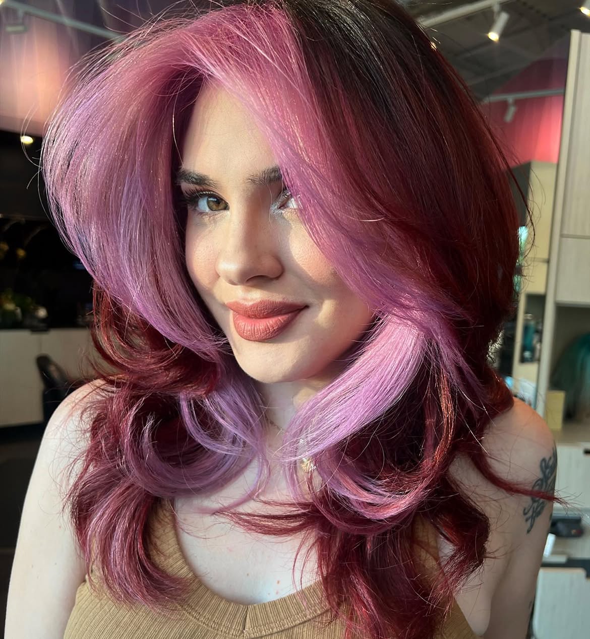 Bold Pink Money Piece With Cherry Red Waves