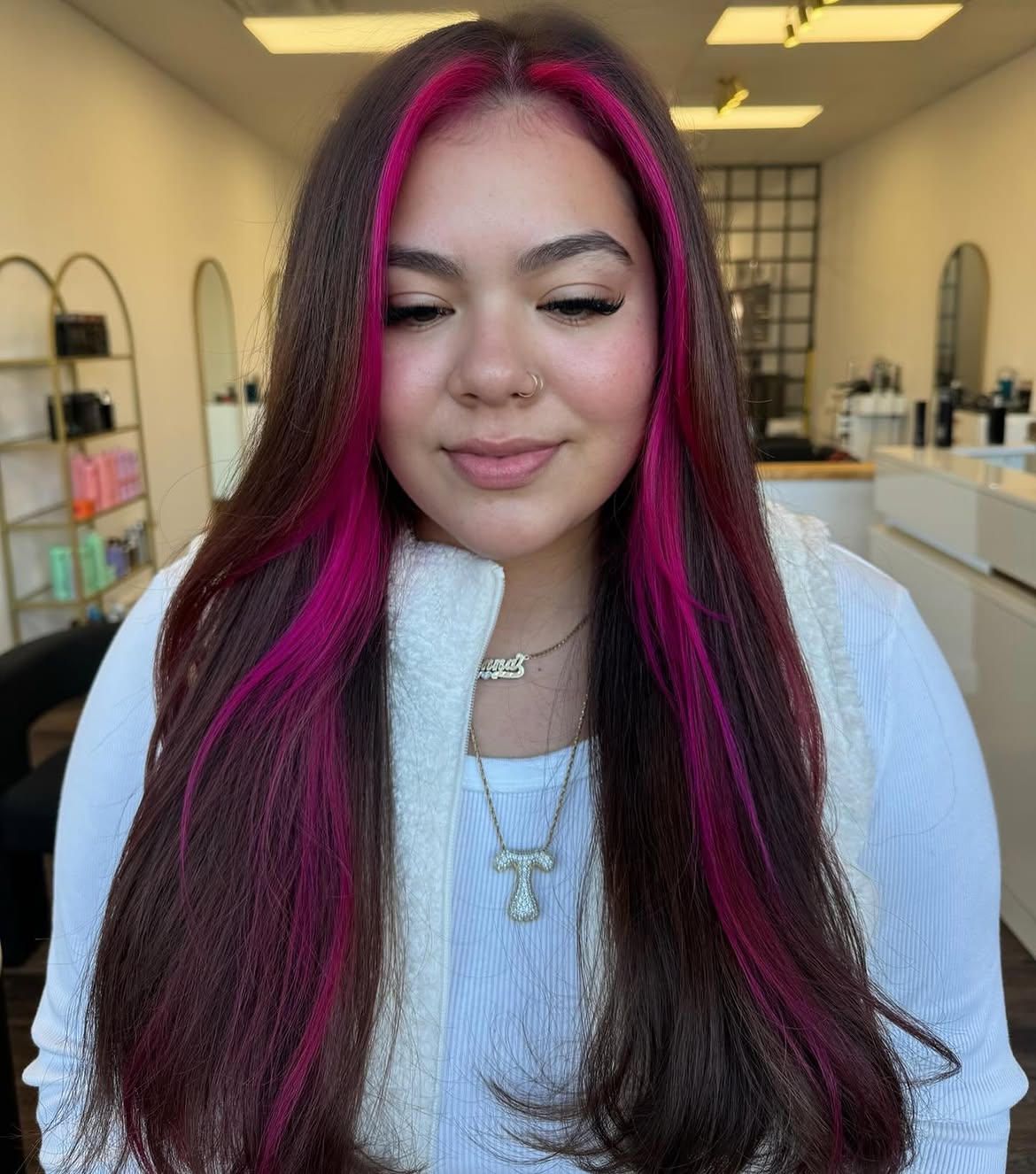 Bold Pink Money Piece With Dark Brown Hair