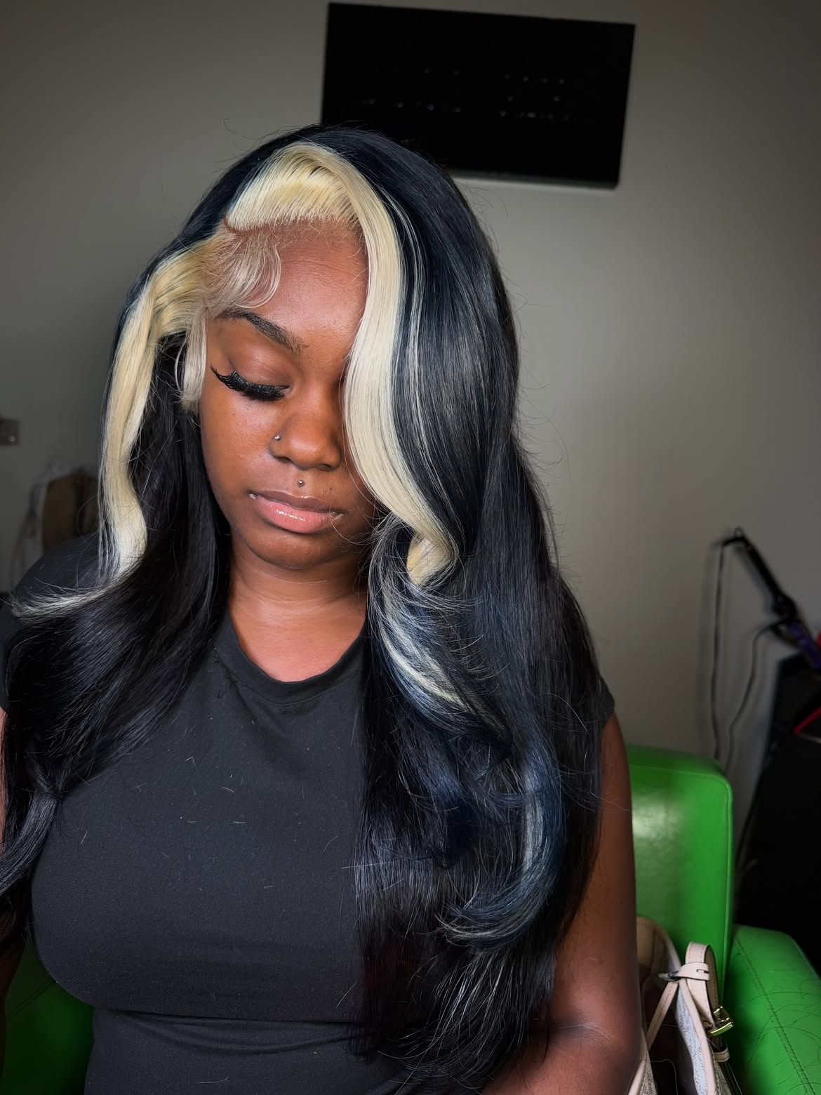 Bold Platinum Skunk Stripe On Jet Black Waves