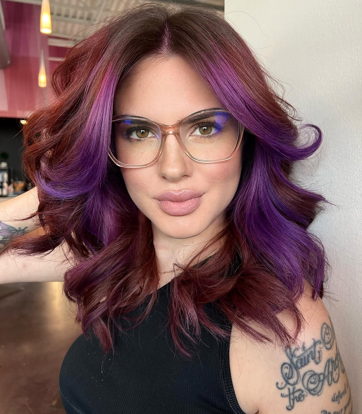 Bold Purple Money Piece With Deep Auburn Waves