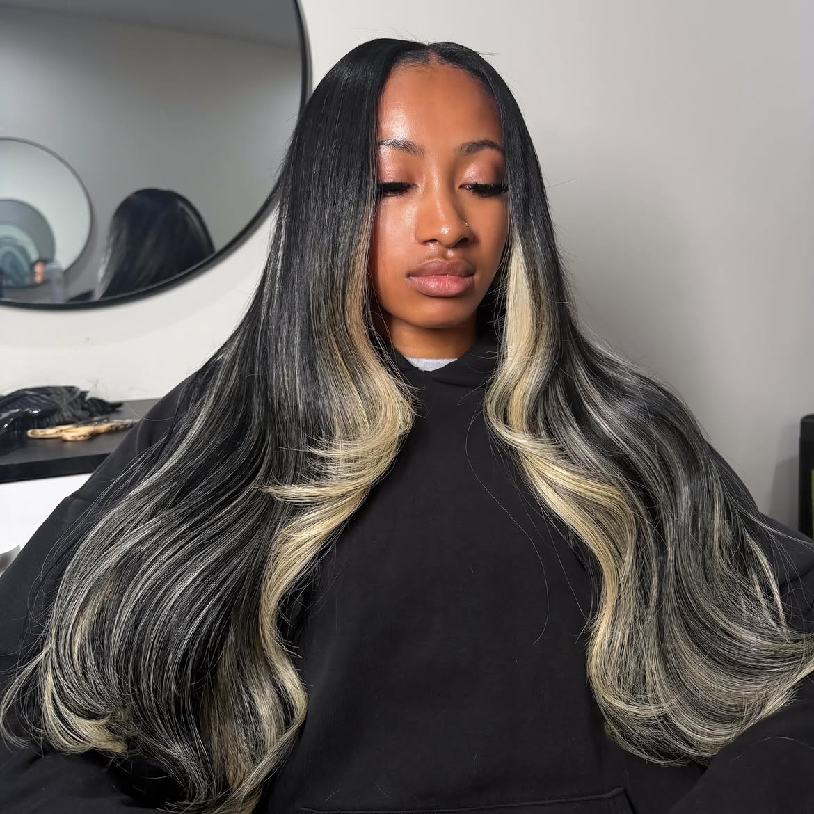 Bold Skunk Stripe Black Hair With Blonde Highlights