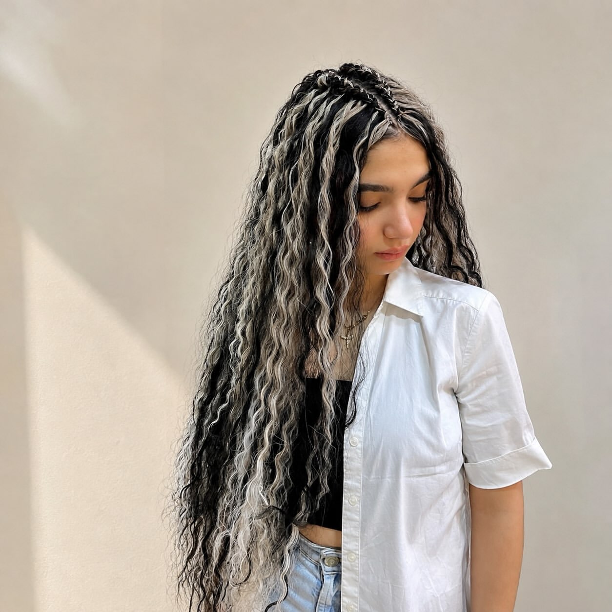 Bold Skunk Stripe Braids With Deep Waves