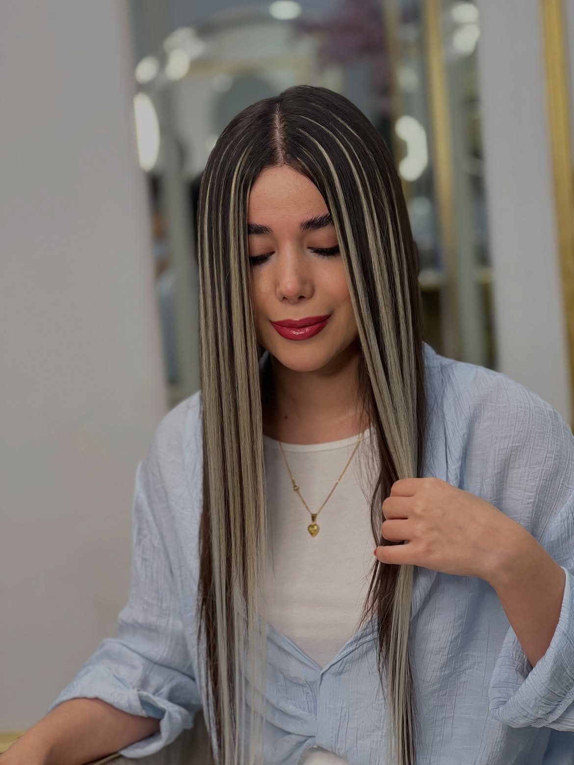 Bold Skunk Stripe Straight Hair With Dark Root