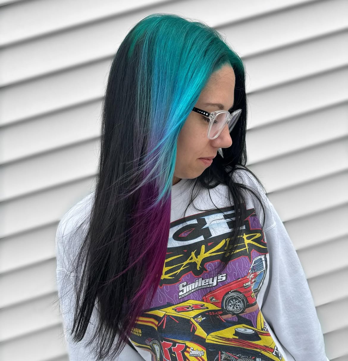 Bold Teal And Purple Peekaboo Streaks