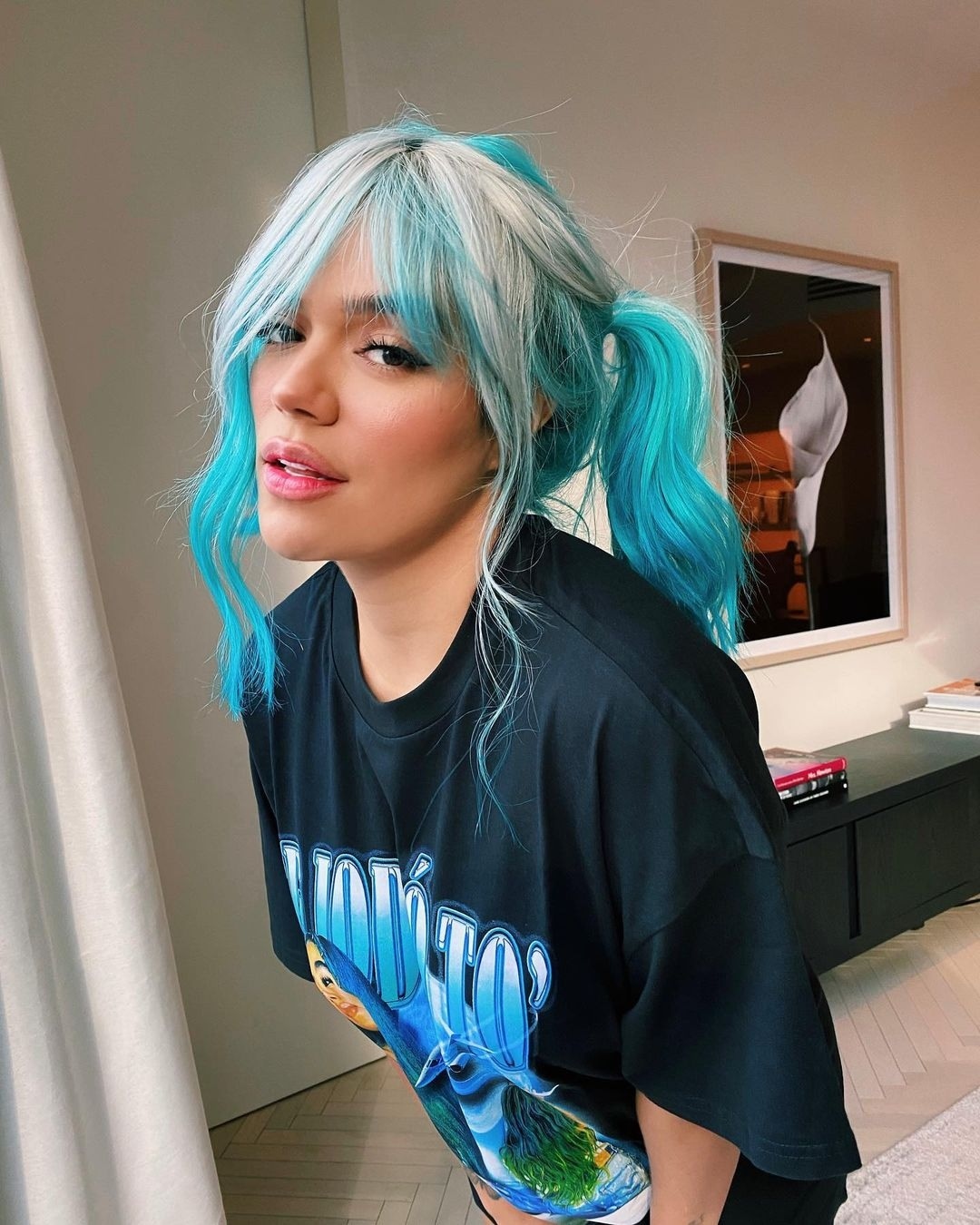 Bold Teal And White Pigtails With Wispy Bangs