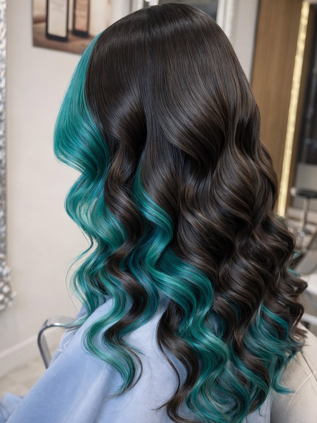 Bold Teal Money Piece With Dark Chocolate Waves