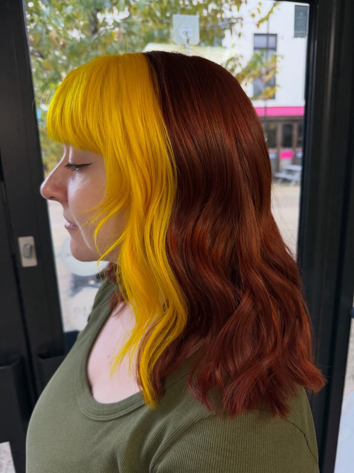 Bold Yellow And Copper Split Dye With Bangs