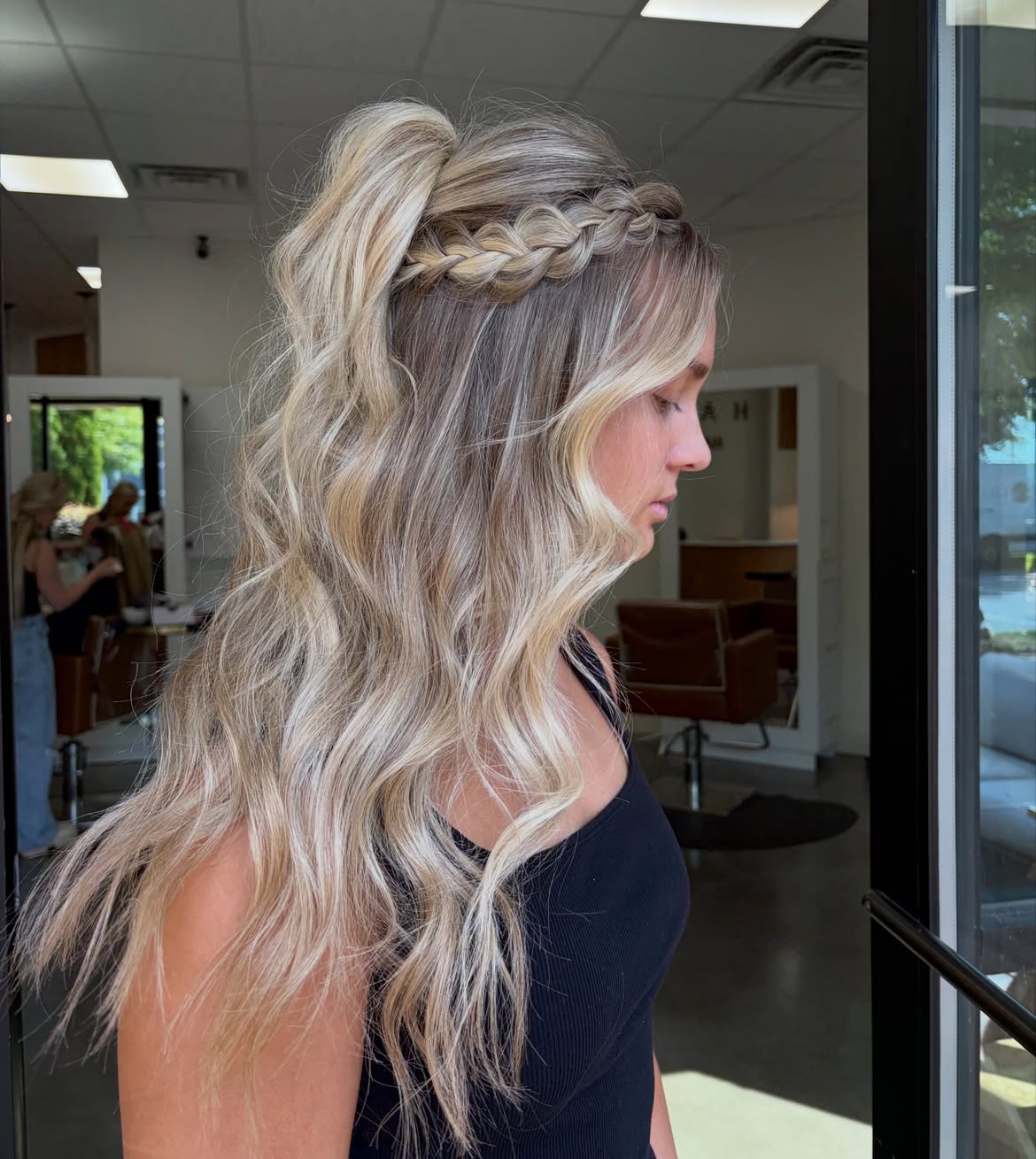 Braided Crown Half-Up Ponytail With Waves