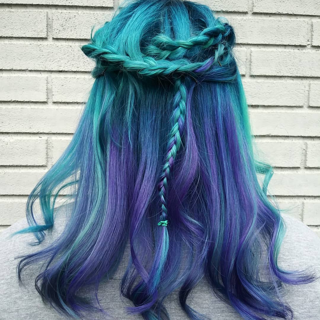 Braided Crown With Teal And Purple Ombre Waves