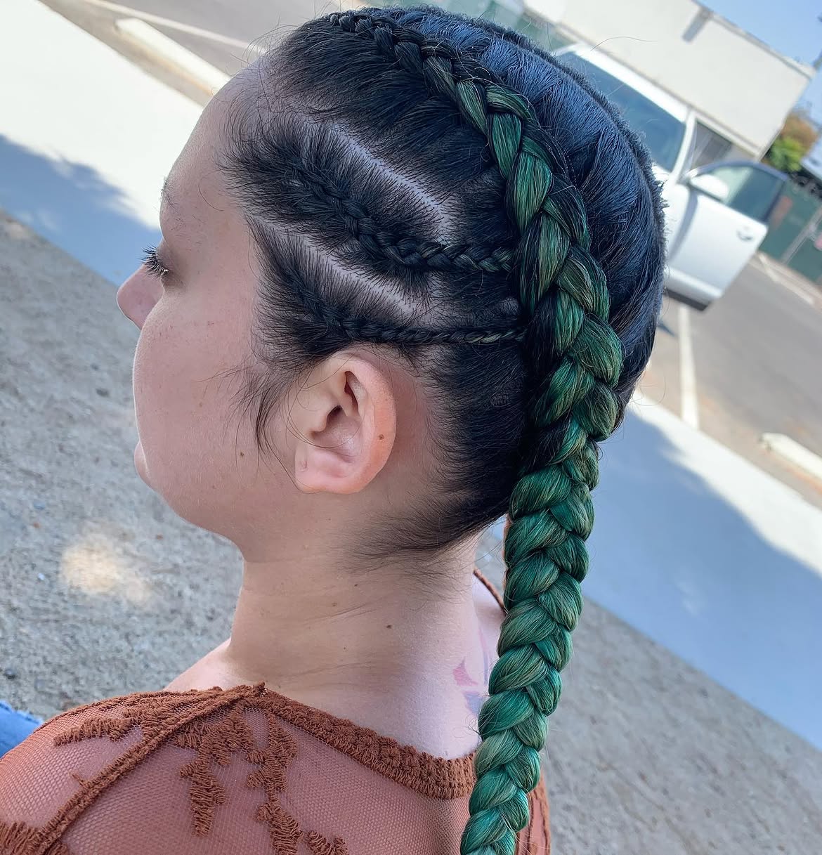 Braided Emerald Green Hair With Geometric Parting