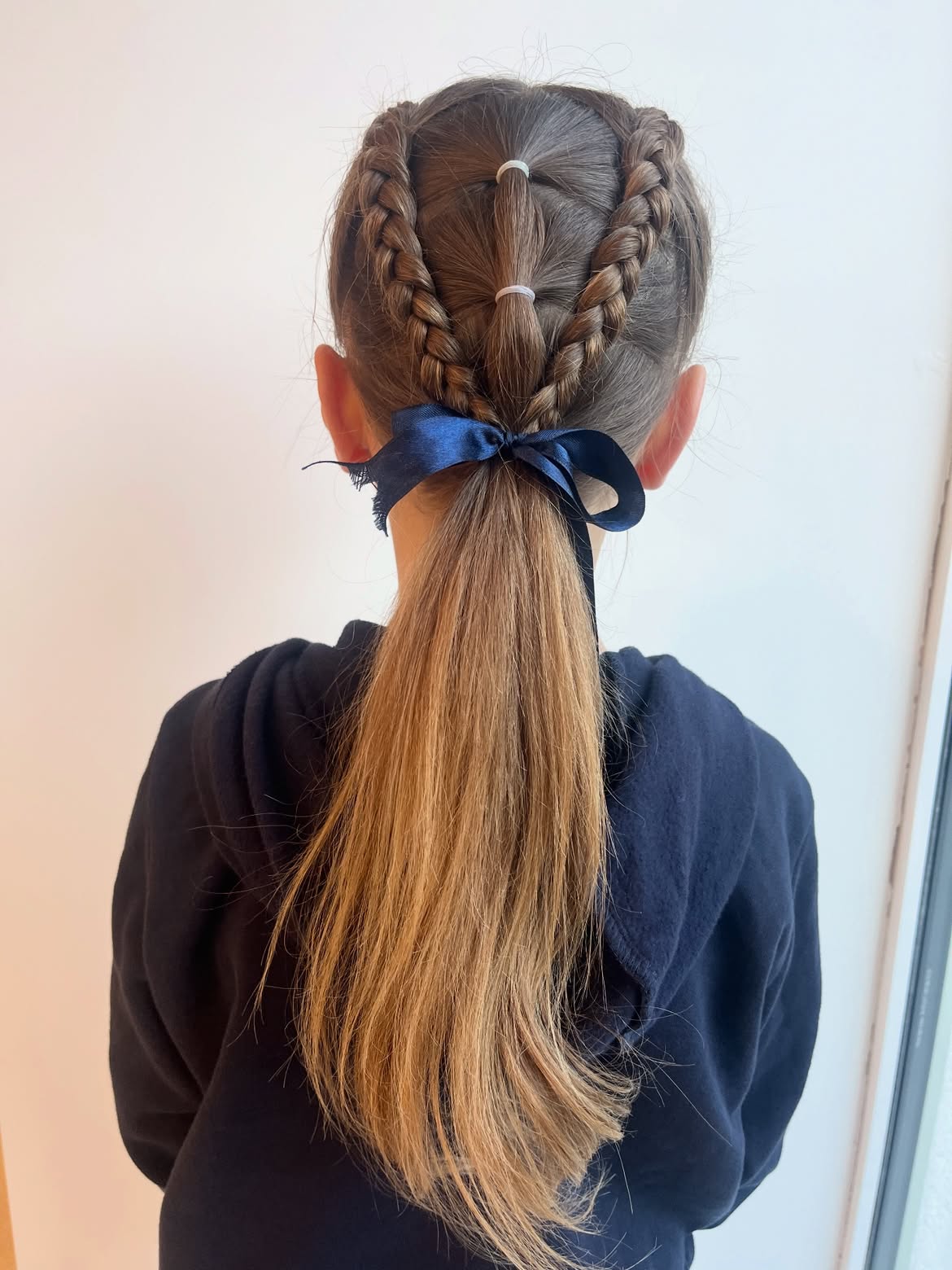 Braided Half Up Ponytail With Navy Ribbon