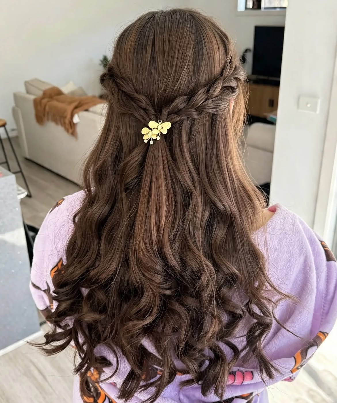 Braided Half-Up With Loose Curls & Butterfly Clip