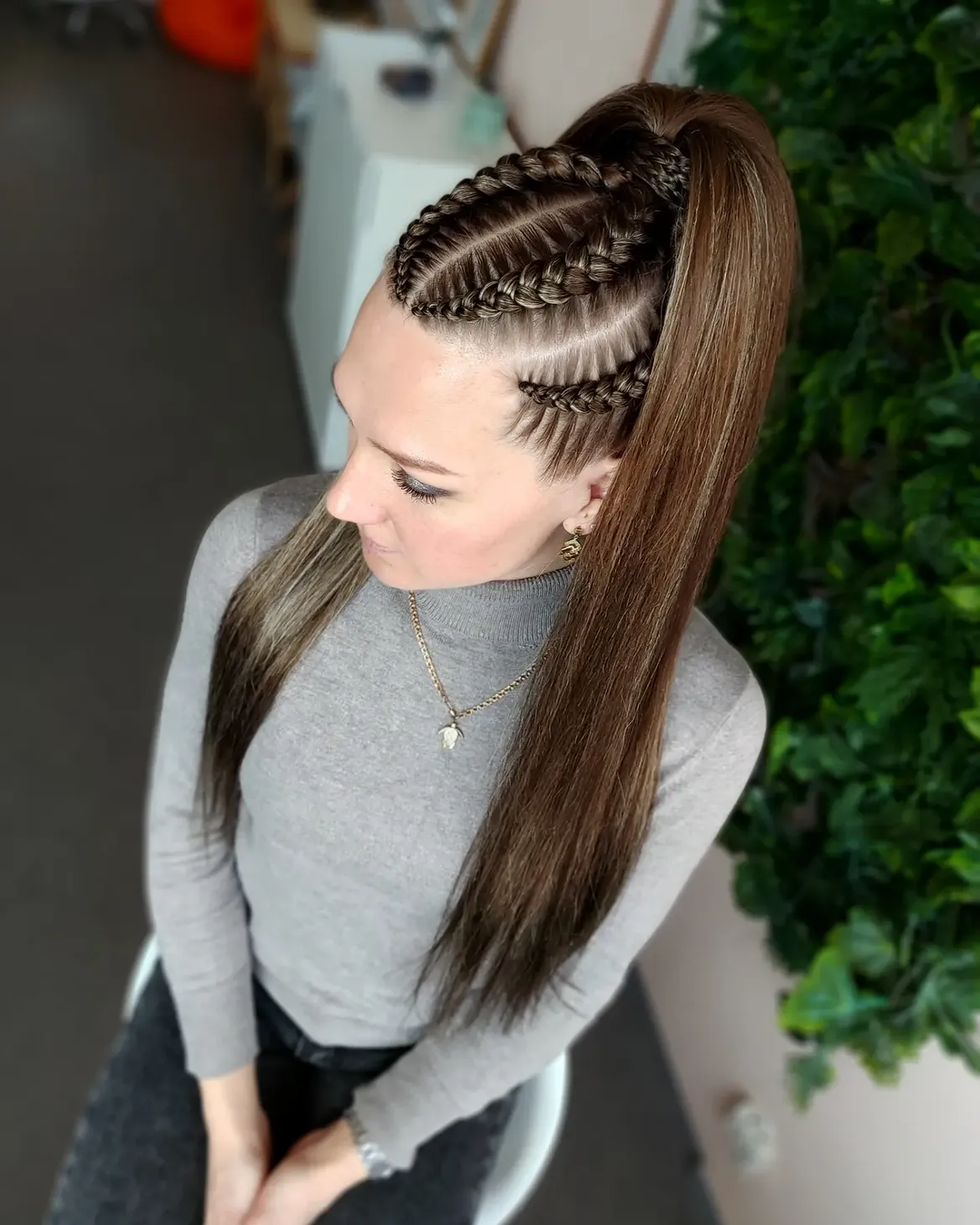 Braided High Ponytail With Sleek Straight Length