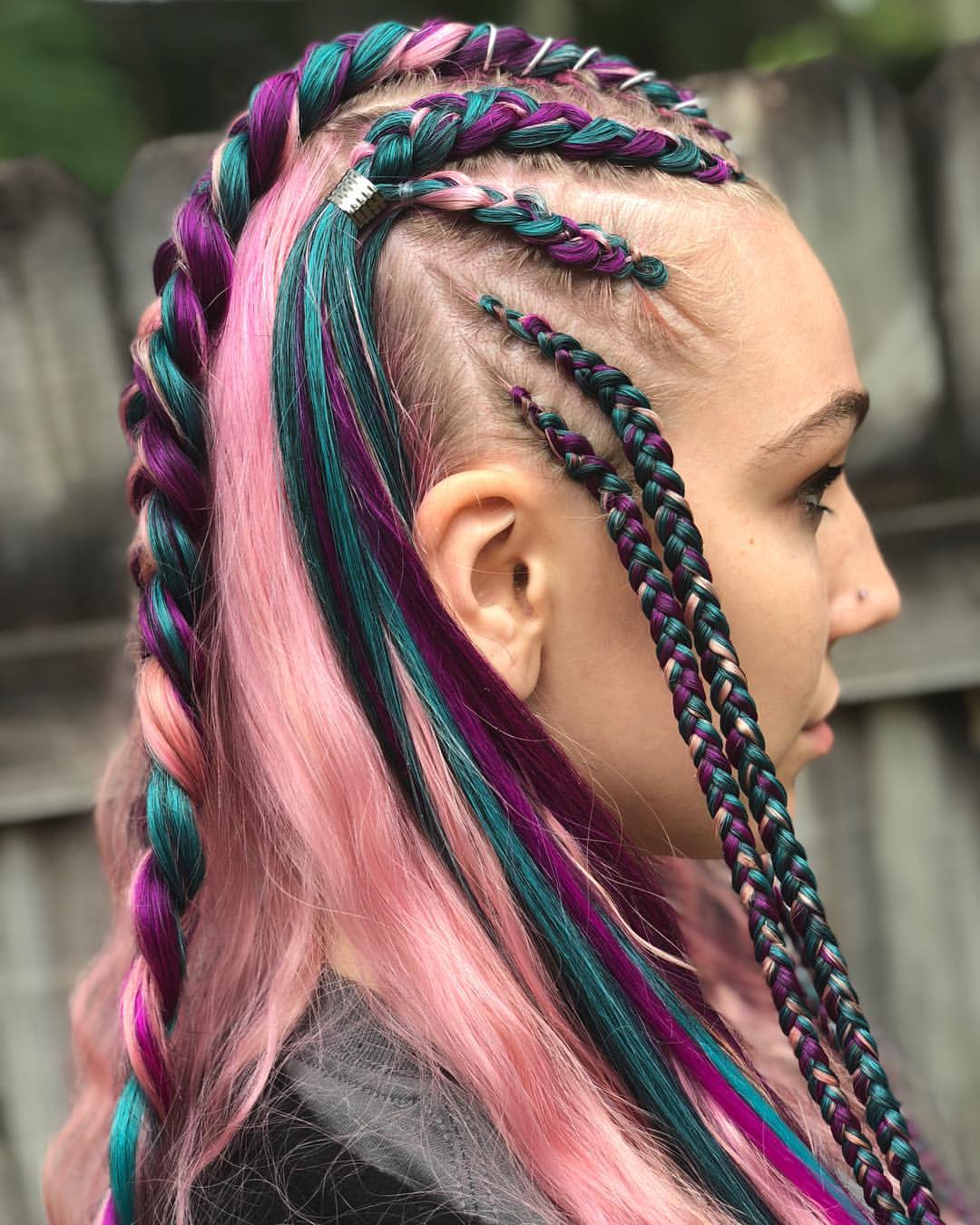 Braided Teal and Pink Halo With Loose Waves