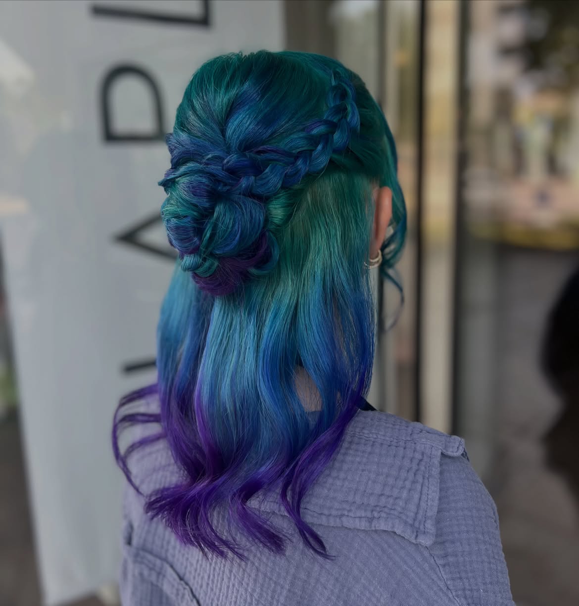 Braided Teal Updo With Ombre Ends