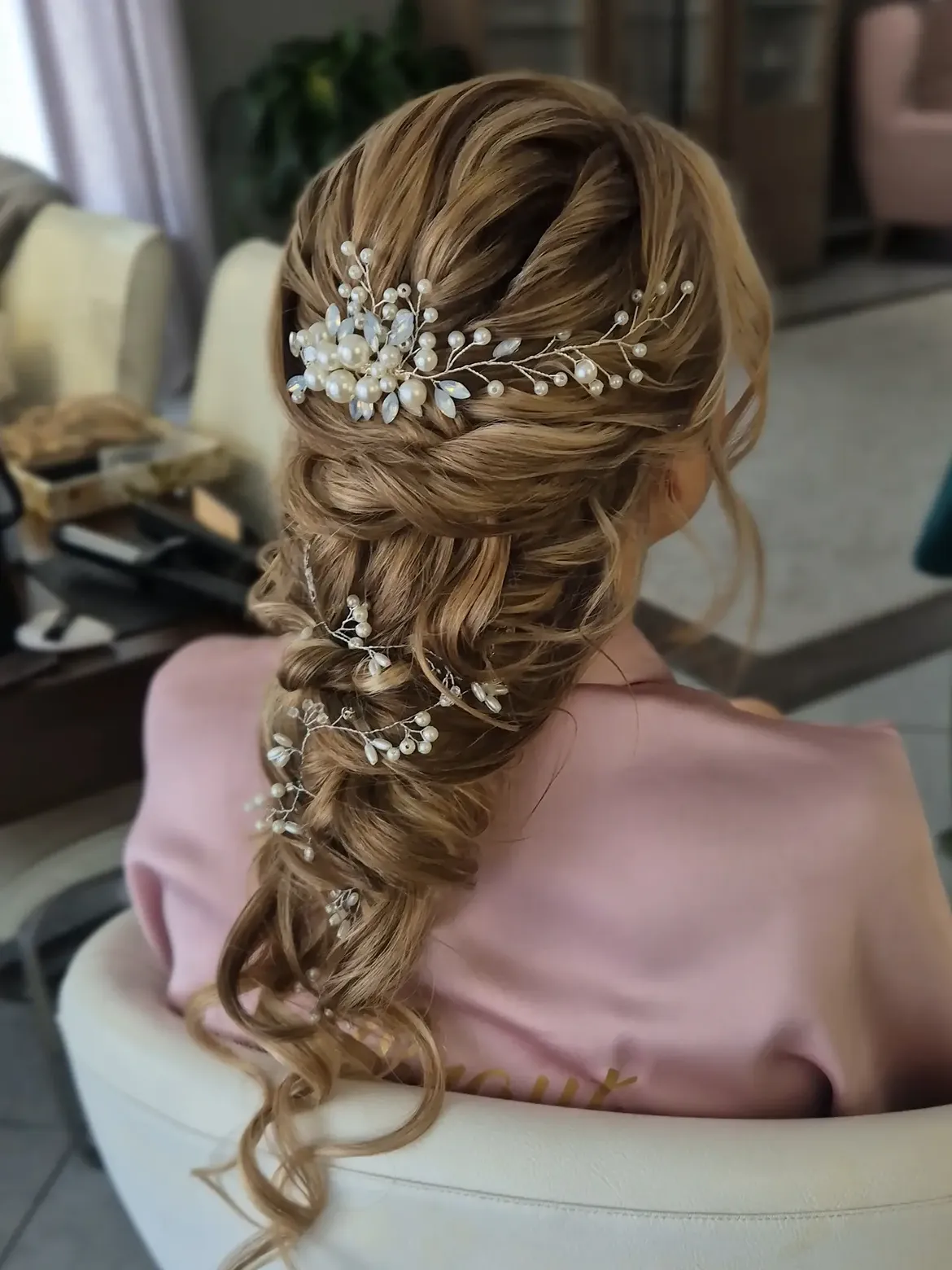 Bridal Half Updo With Pearl Hair Accessories