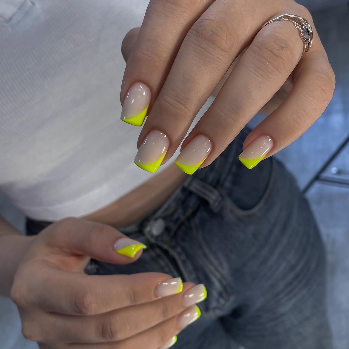 Bright Neon Yellow French Tip Square Nails