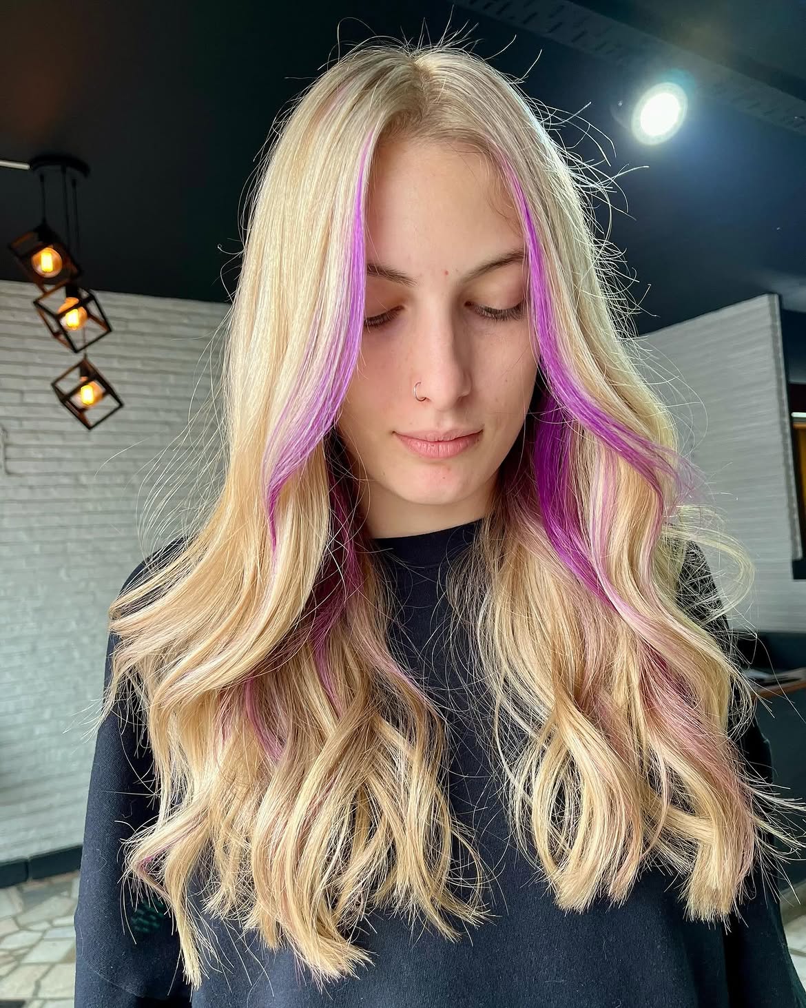Bright Purple Money Piece On Lived In Blonde Waves