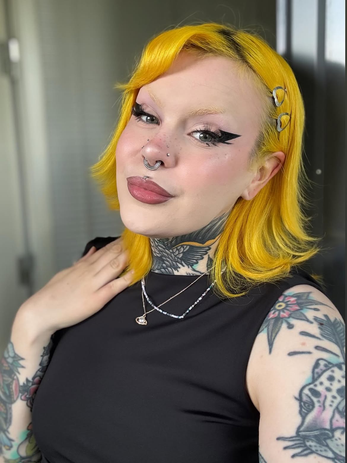 Bright Yellow Shag With Side Swept Fringe