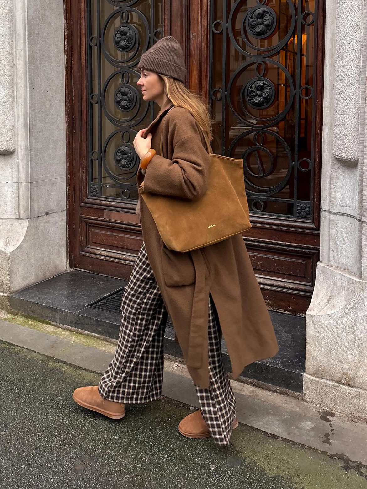 Brown Cocoon Coat With Plaid Wide Leg Pants