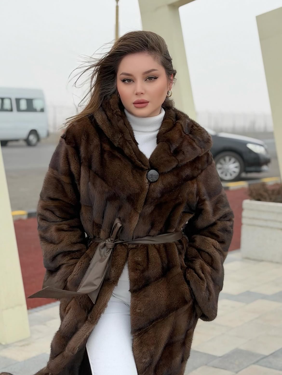 Brown Faux Fur Coat And Turtleneck Winter Look