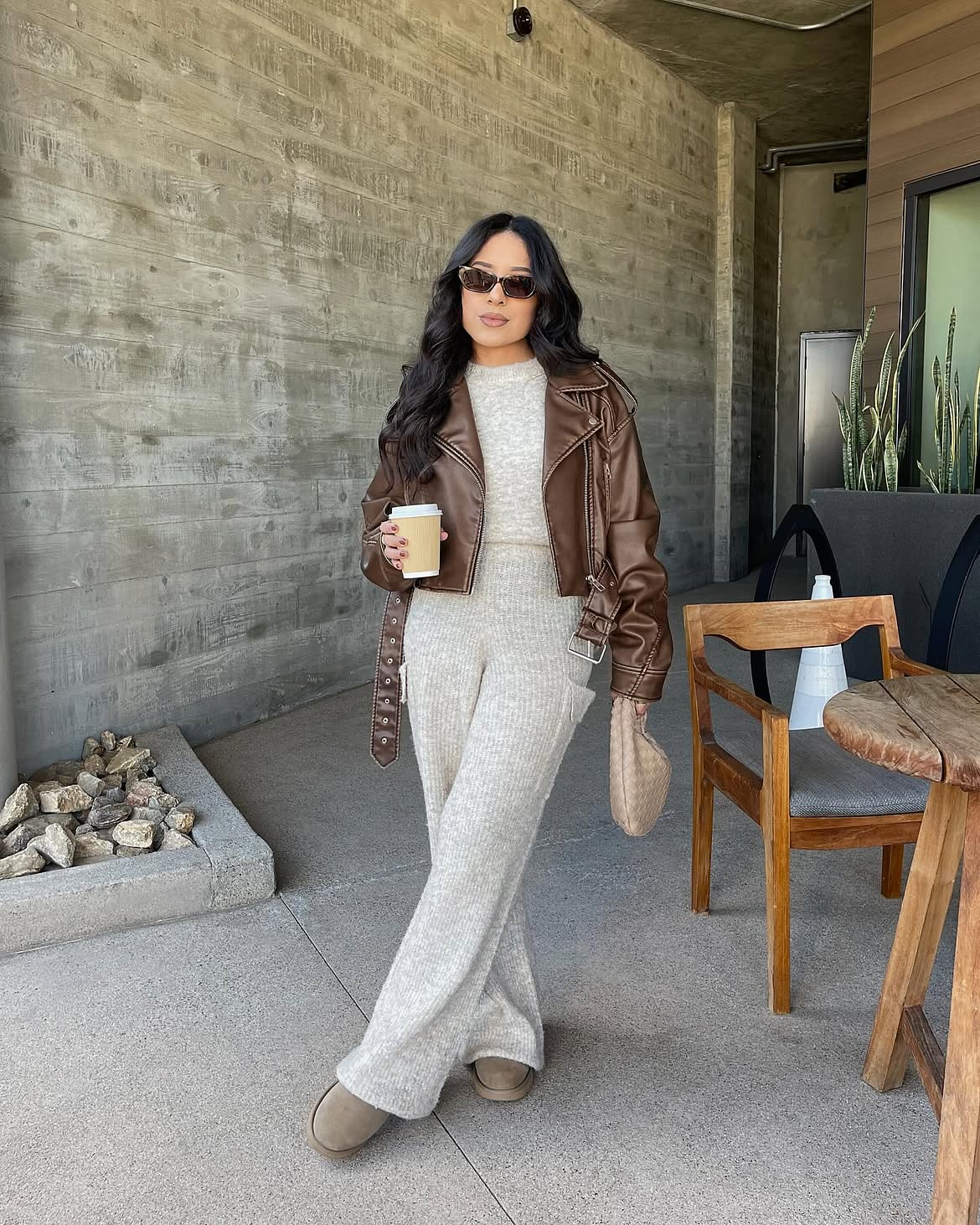 Brown Leather Moto Jacket With Knit Lounge Set