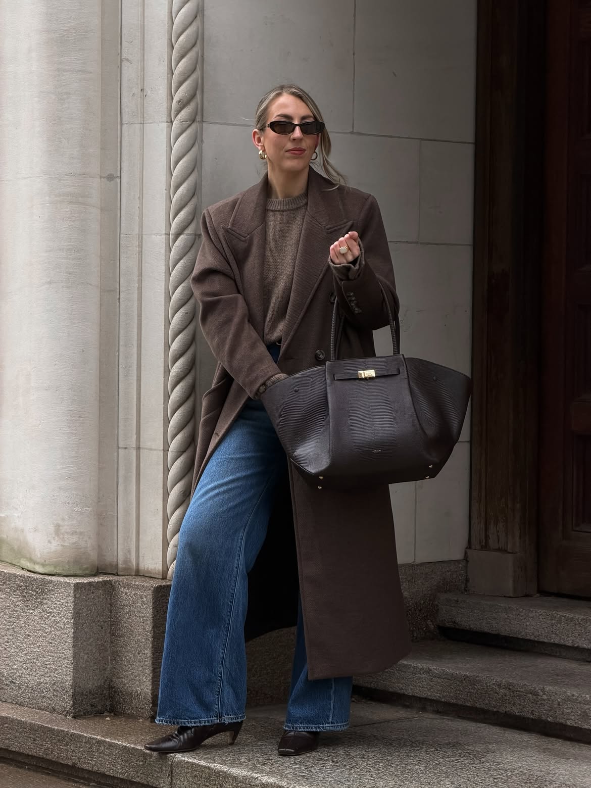 Brown Longline Coat With Wide Leg Denim Casual Style
