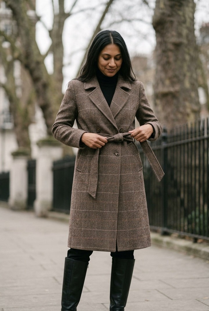 Brown Plaid Belted Wool Coat With Black Boots