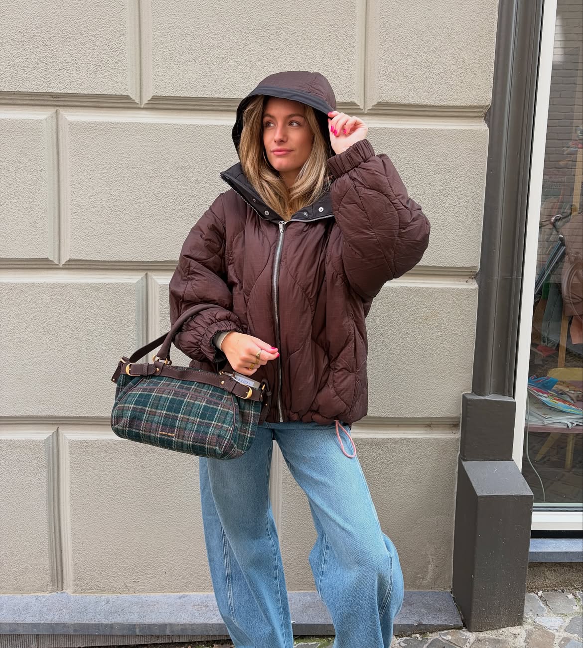 Brown Quilted Puffer Jacket With Wide Leg Jeans