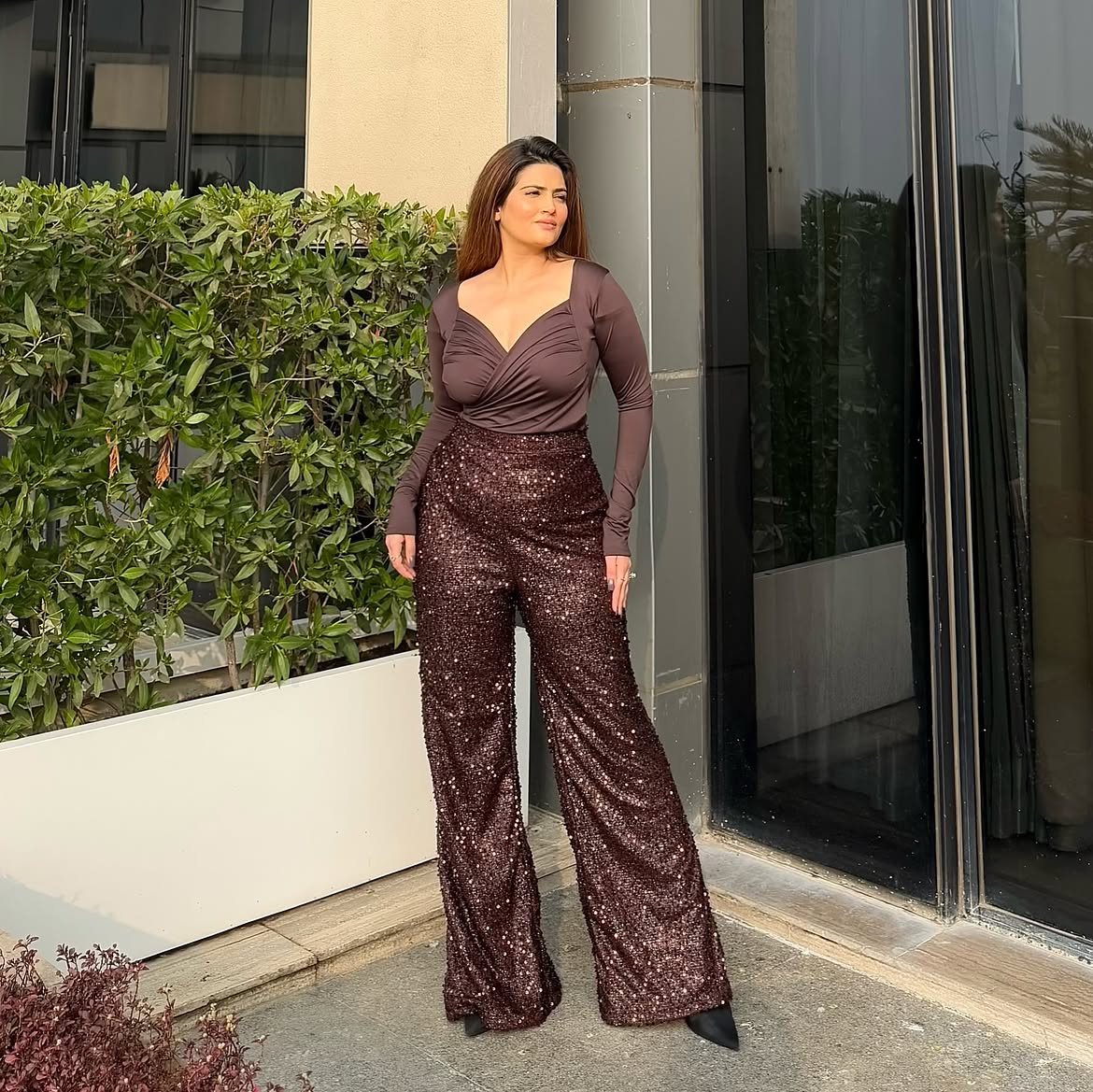 Brown Sequin Wide Leg Pants And Bodysuit