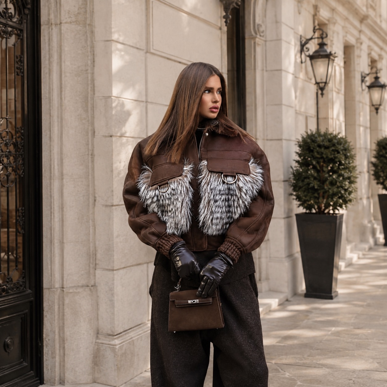 Brown Shearling Bomber Jacket And Wide Leg Trousers