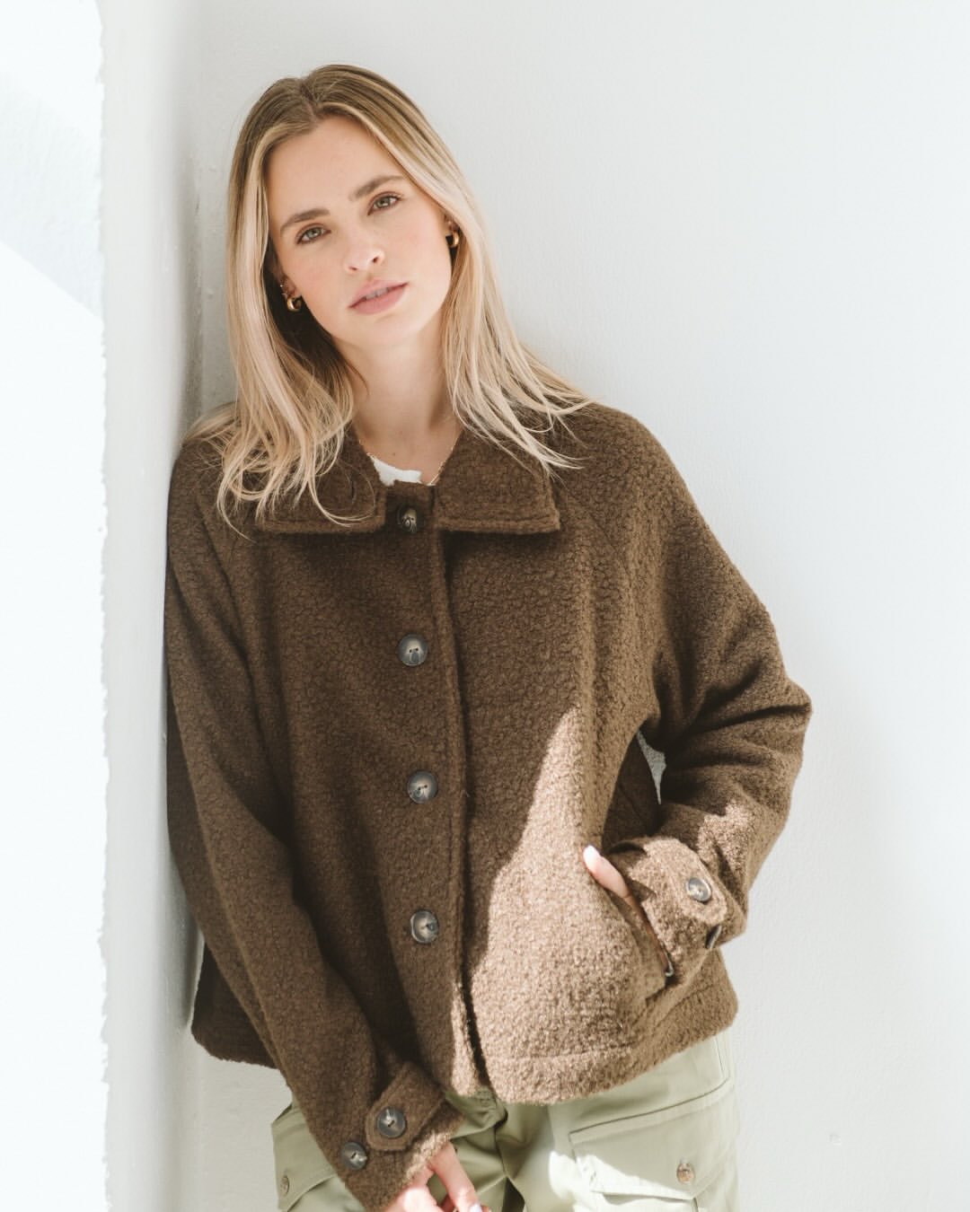 Brown Sherpa Jacket With Cargo Pants Layering