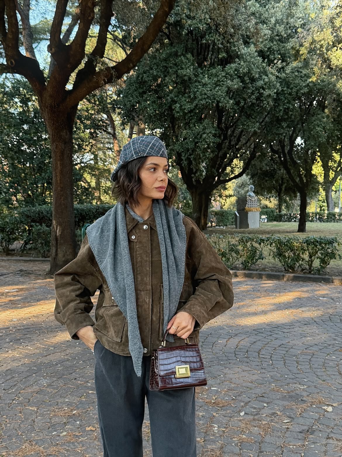 Brown Suede Jacket And Grey Scarf Park Stroll