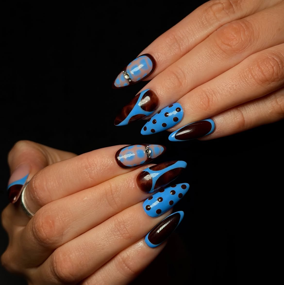 Brown Swirl Blue Polka Dot Almond Nails