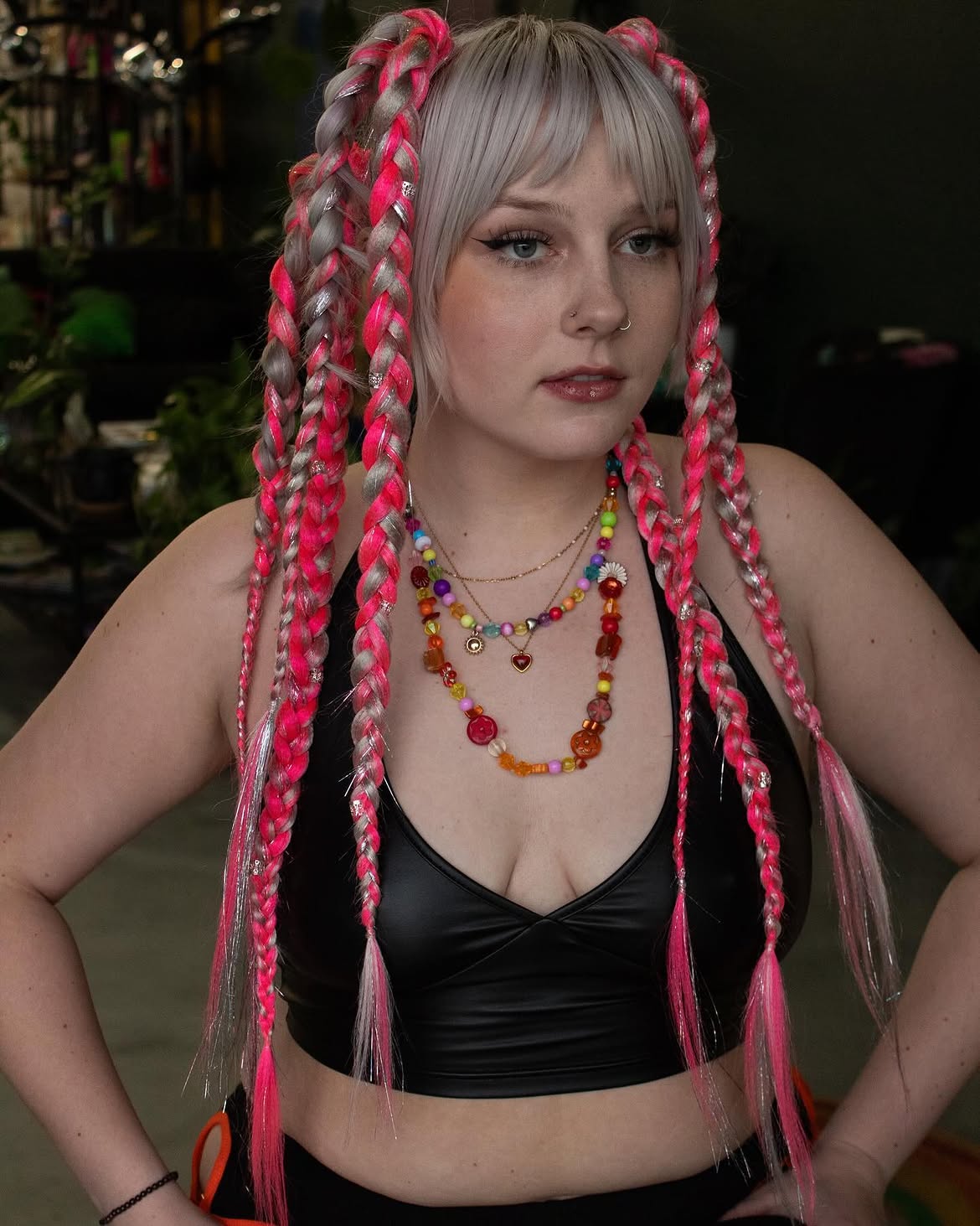 Bubblegum Pink Tinsel Braids With Silver Sparkle
