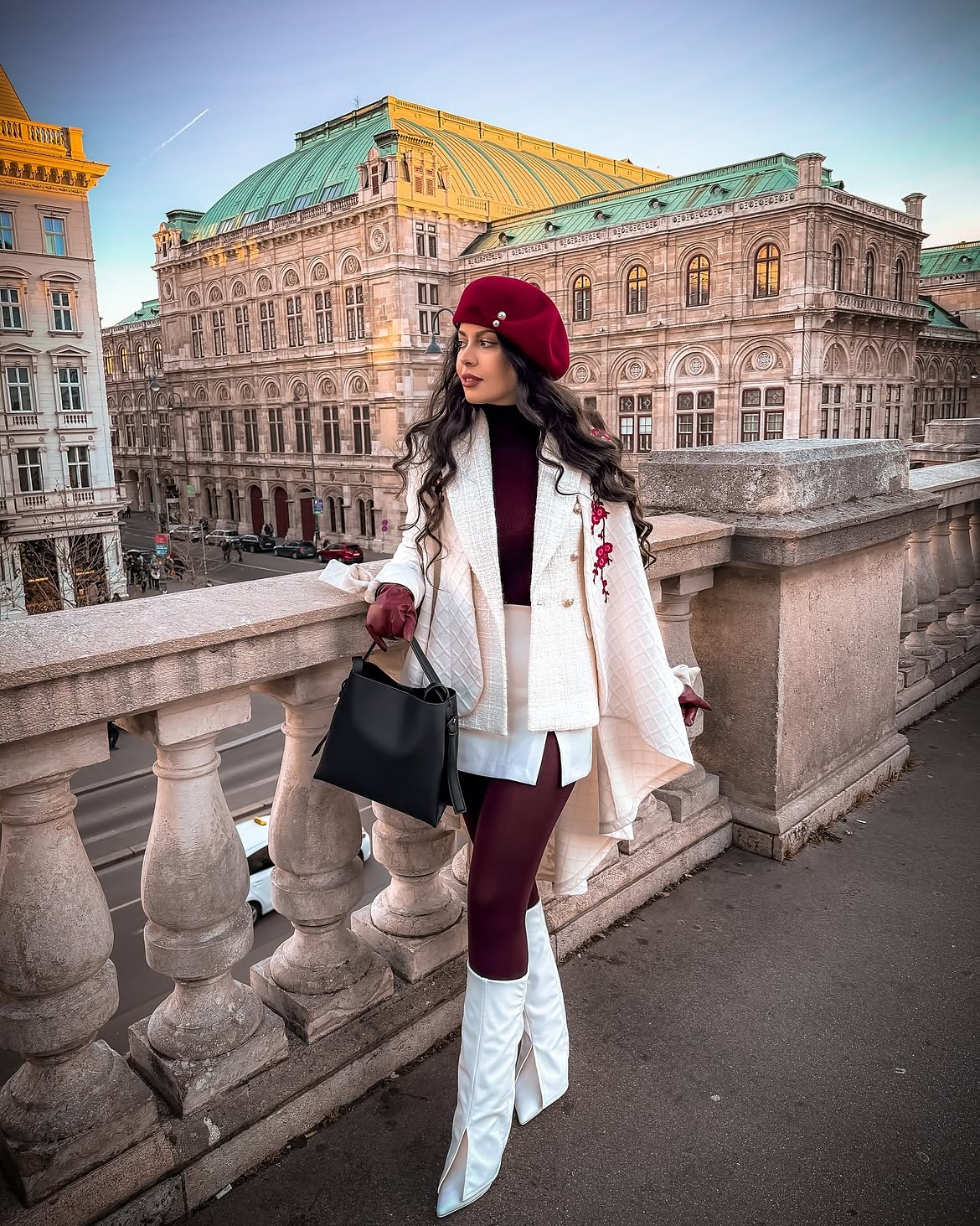 Burgundy And Cream Structured Coat Winter Wedding Guest Look