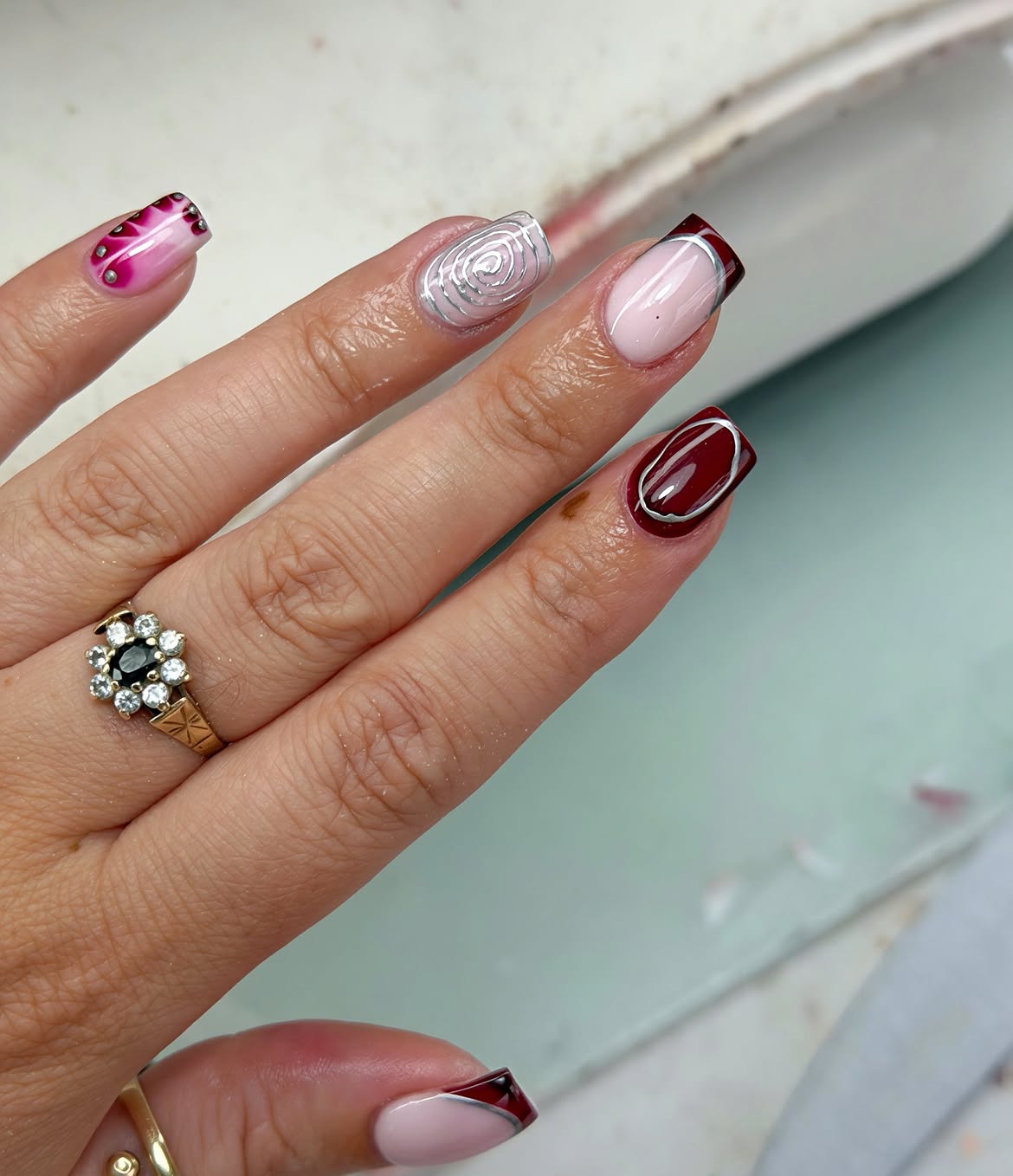 Burgundy and Silver Metallic Swirl Square Nails