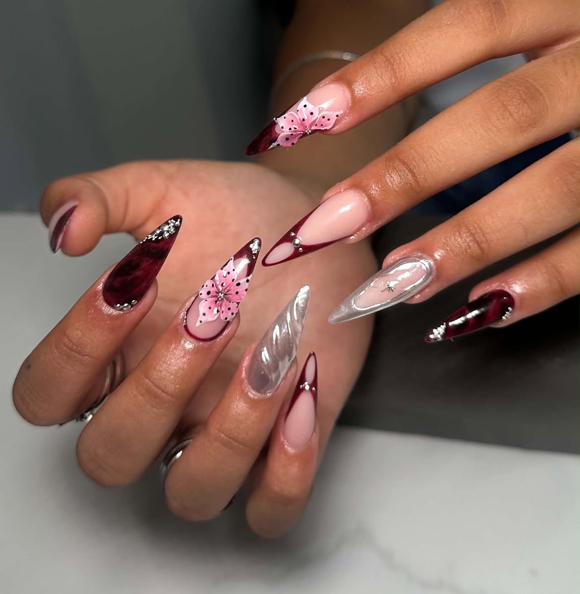 Burgundy And Silver Stiletto Nail Art