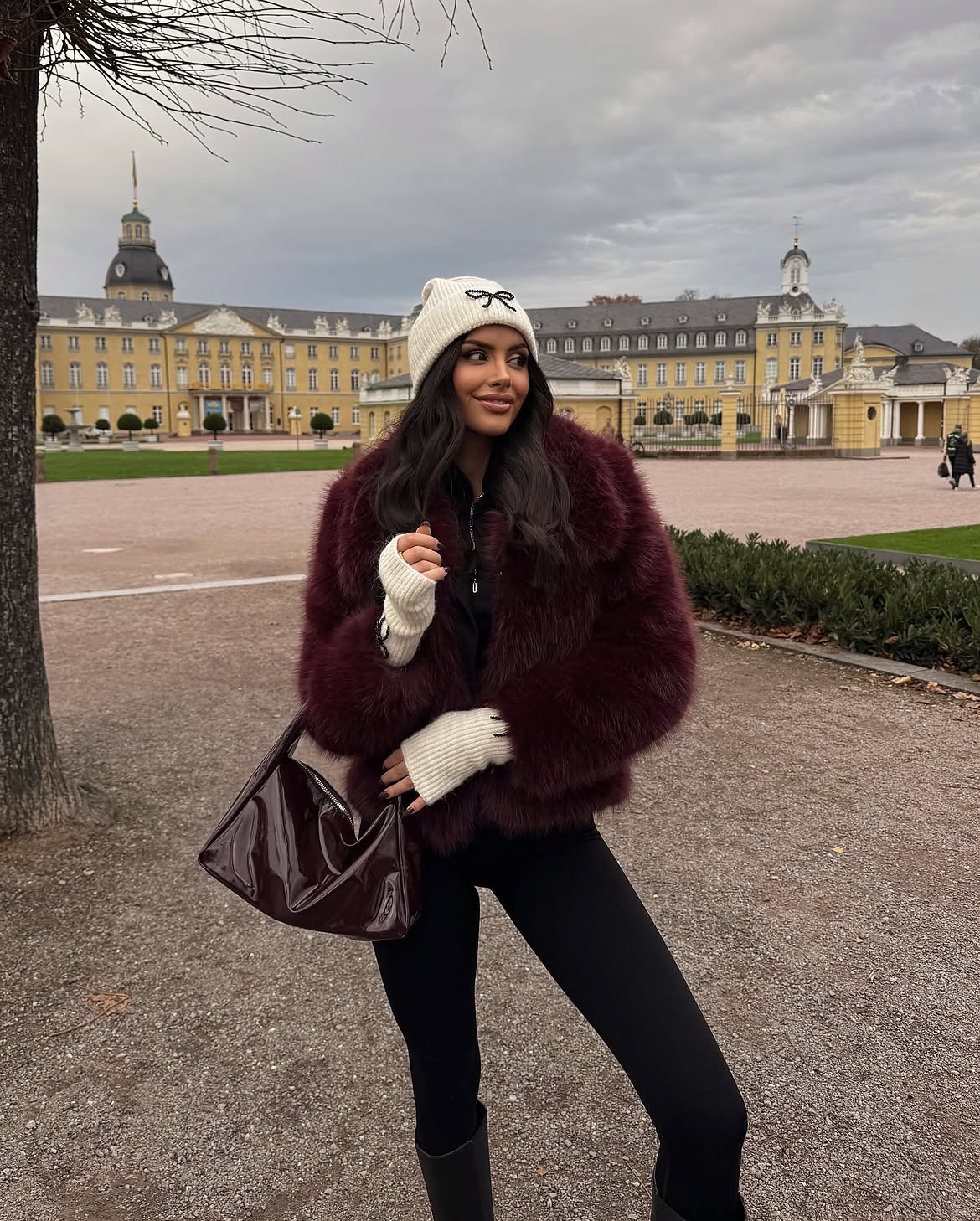 Burgundy Faux Fur Jacket With Knit Beanie And Boots