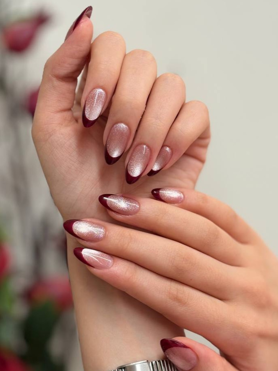 Burgundy French Tips With Silver Cat Eye Base