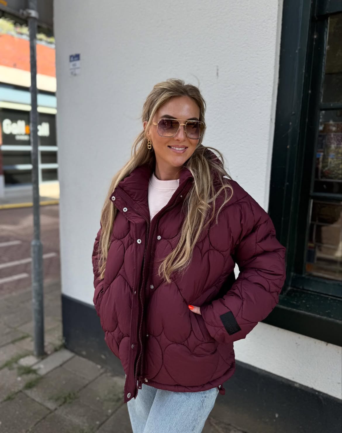 Burgundy Quilted Puffer Jacket With Casual Denim