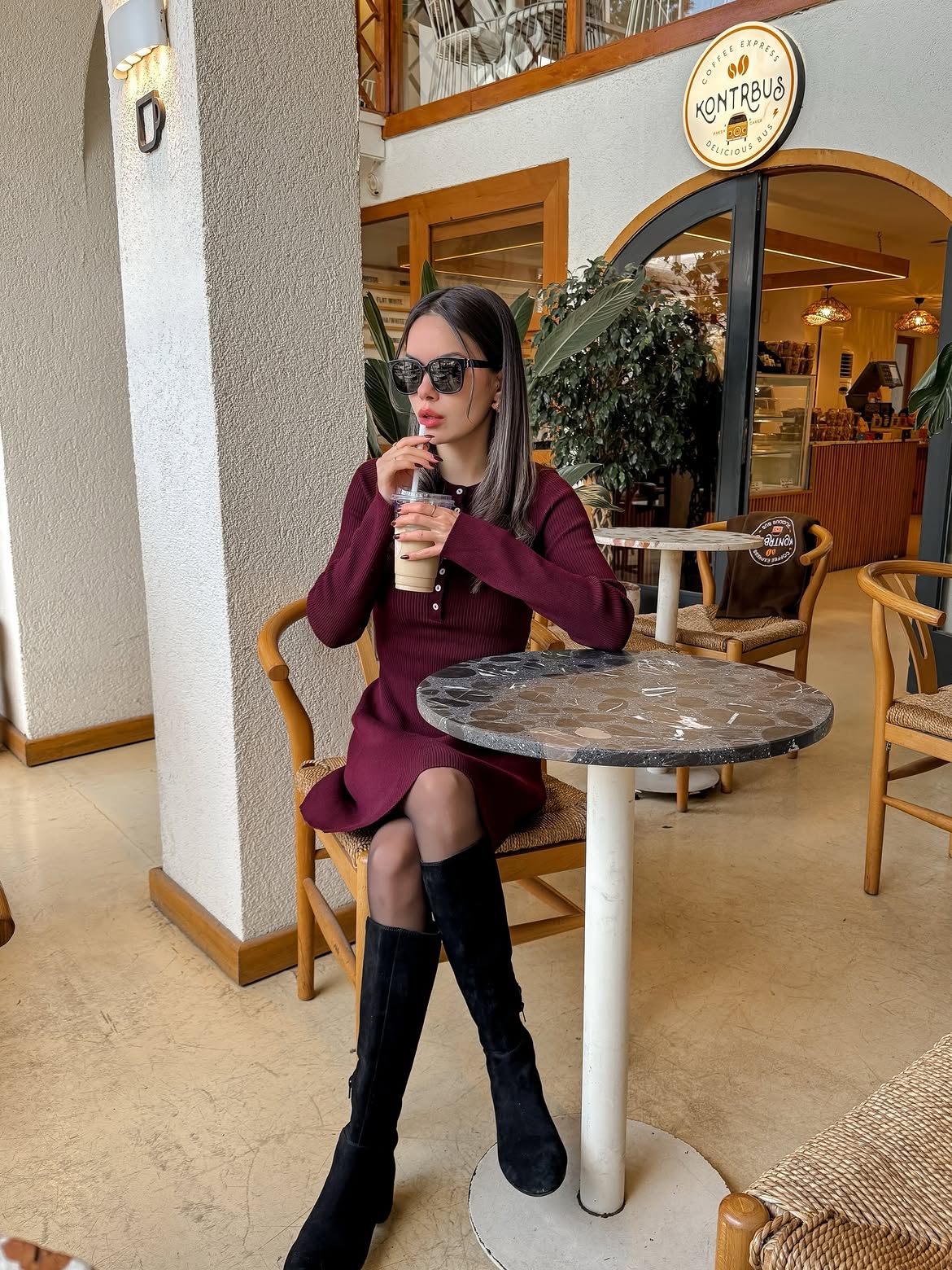 Burgundy Ribbed Knit Midi Dress With Black Boots