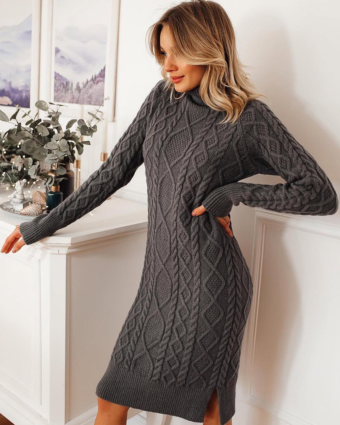 Charcoal Cable Knit Turtleneck Midi Dress
