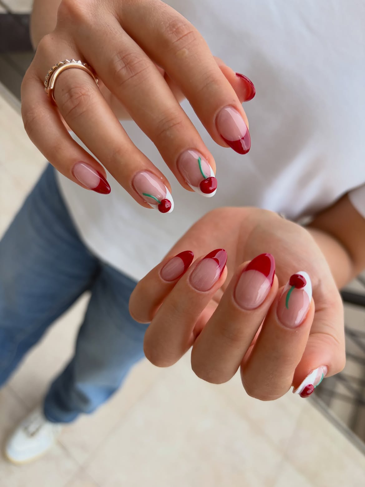 Cherry French Tip Almond Nails
