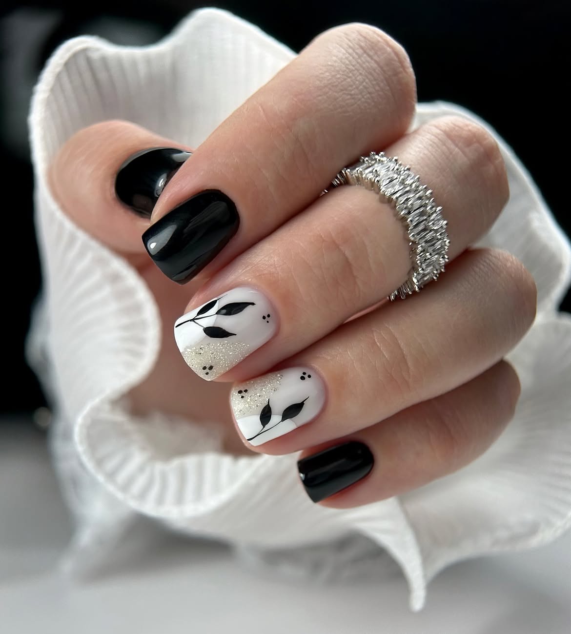 Chic Black and White Botanical Art Nails